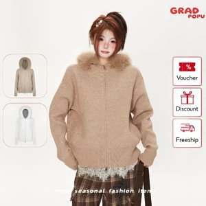 Áo khoác hoodie GRADPOPU dệt kim mủ lông trùm đầu phong cách Hàn Quốc dáng rộng sang trọng PH370