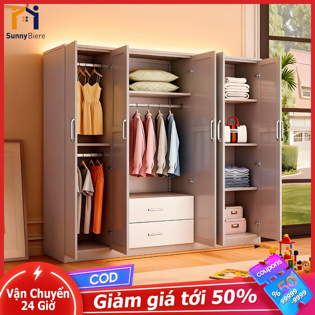 SUNNY Tủ quần áo tủ đựng đồ cỡ lớn bằng gỗ nhiều khoang để quần áo và chăn gối trong phòng ngủ