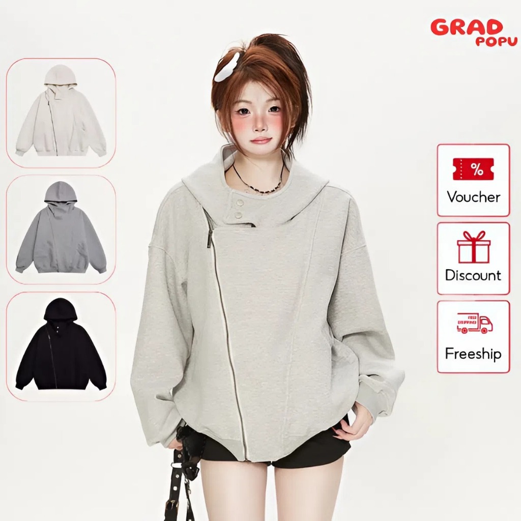 Áo khoác nỉ nữ GRADPOPU thiết kế độc đáo khóa kéo đôi chéo cao cấp mủ chùm đầu dáng rộng PH371