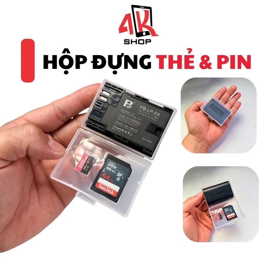 Hộp nhựa nhỏ bảo vệ thẻ nhớ SD Micro SD và pin LP-E6 LP-E17 loại nhỏ 2 thẻ và 1 pin