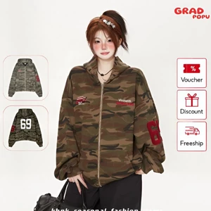 Áo khoác hoodie GRADPOPU chất nỉ có mủ trùm đầu thêu vải bông dáng rộng họa tiết ngụy trang PH377