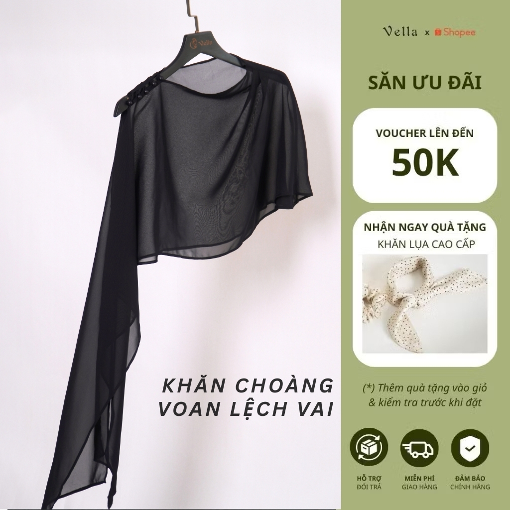 Khăn choàng voan, áo choàng voan nữ lệch vai thời trang dạ tiệc cao cấp 3 màu TRẮNG ĐEN KEM VPK-KVLV