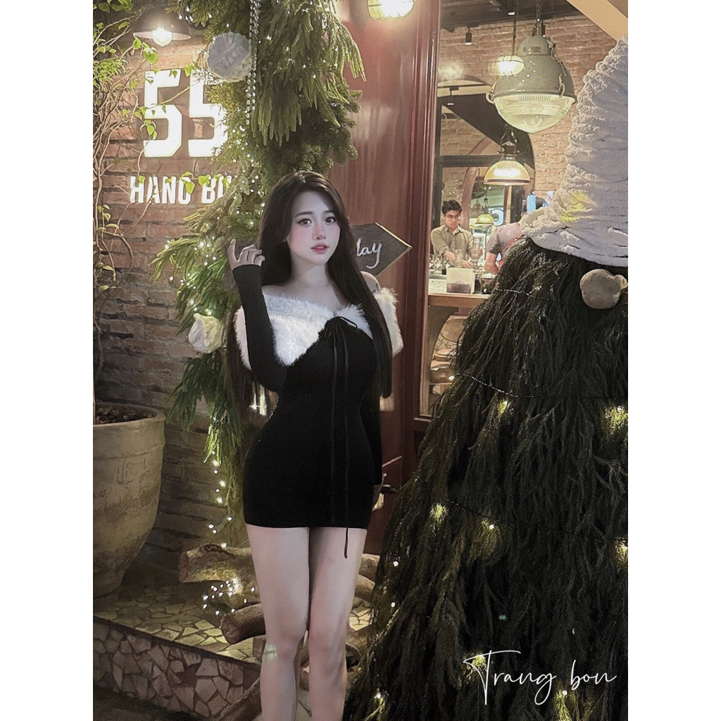 Đầm trễ vai lông tiểu thư mặc đi chơi noel chơi tết tuyệt đẹp