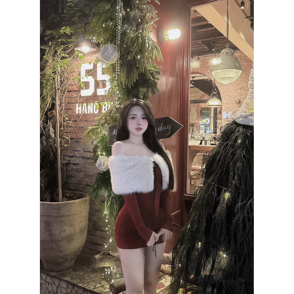 Đầm trễ vai lông tiểu thư mặc đi chơi noel chơi tết tuyệt đẹp
