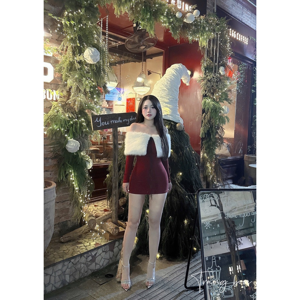 Đầm trễ vai lông tiểu thư mặc đi chơi noel chơi tết tuyệt đẹp