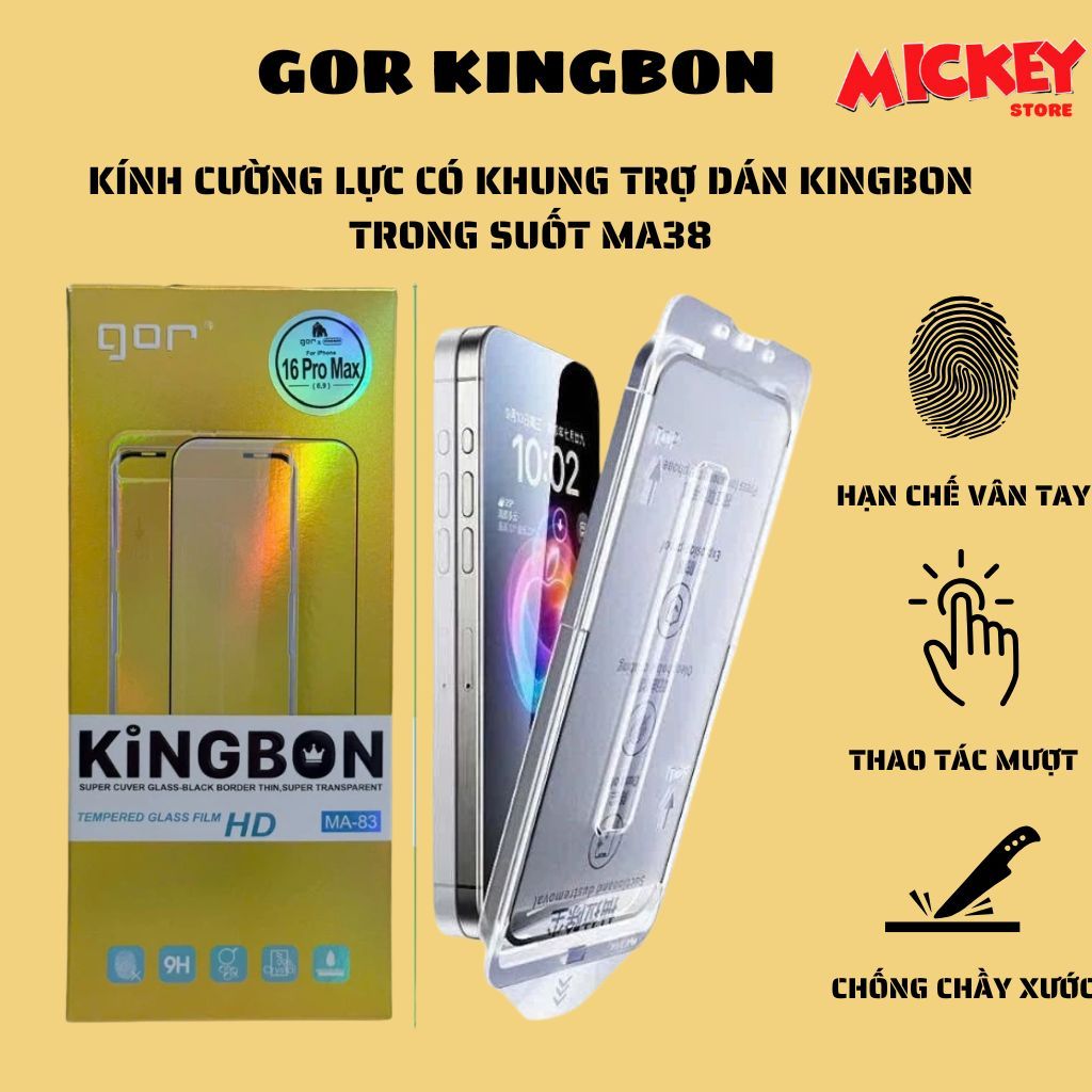 Kính cường lực trong suốt KiNGBON có khung trợ dán MA-83 cho IPhone 12 13 14 15 16 17Promax Pro Plus