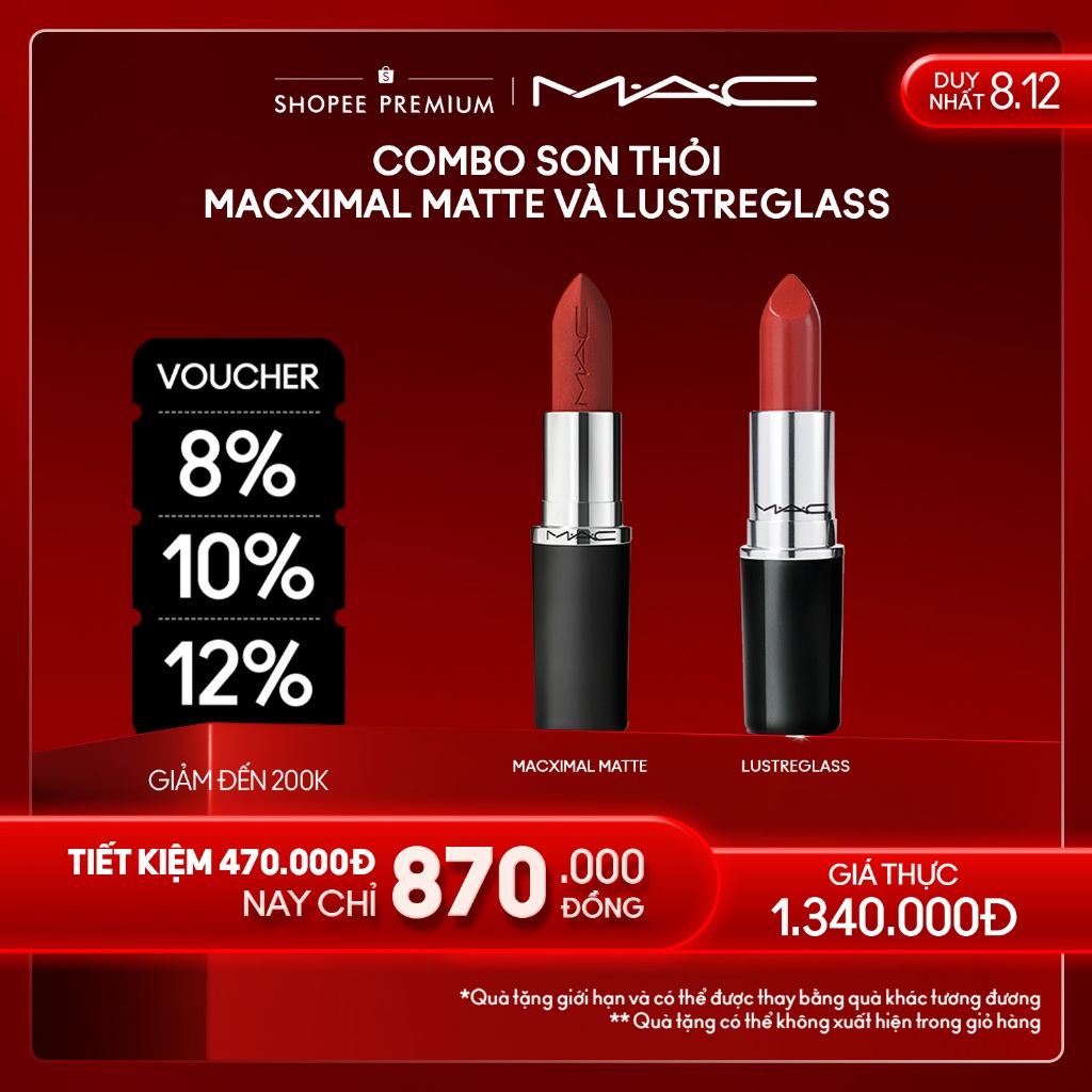 [ĐỘC QUYỀN 8.12] MAC - Bộ 2 món: Son thỏi MACXIMAL Matte, Son thỏi Lustreglass