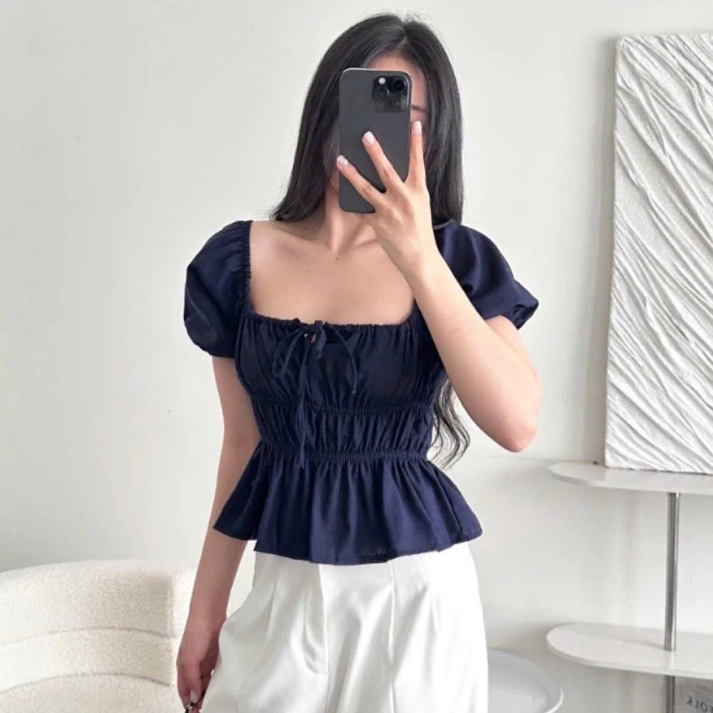 [Peinn] Áo kiểu tay bồng cột nơ chất linen, Áo babydoll tiểu thư bo chun thân xinh xắn MA329
