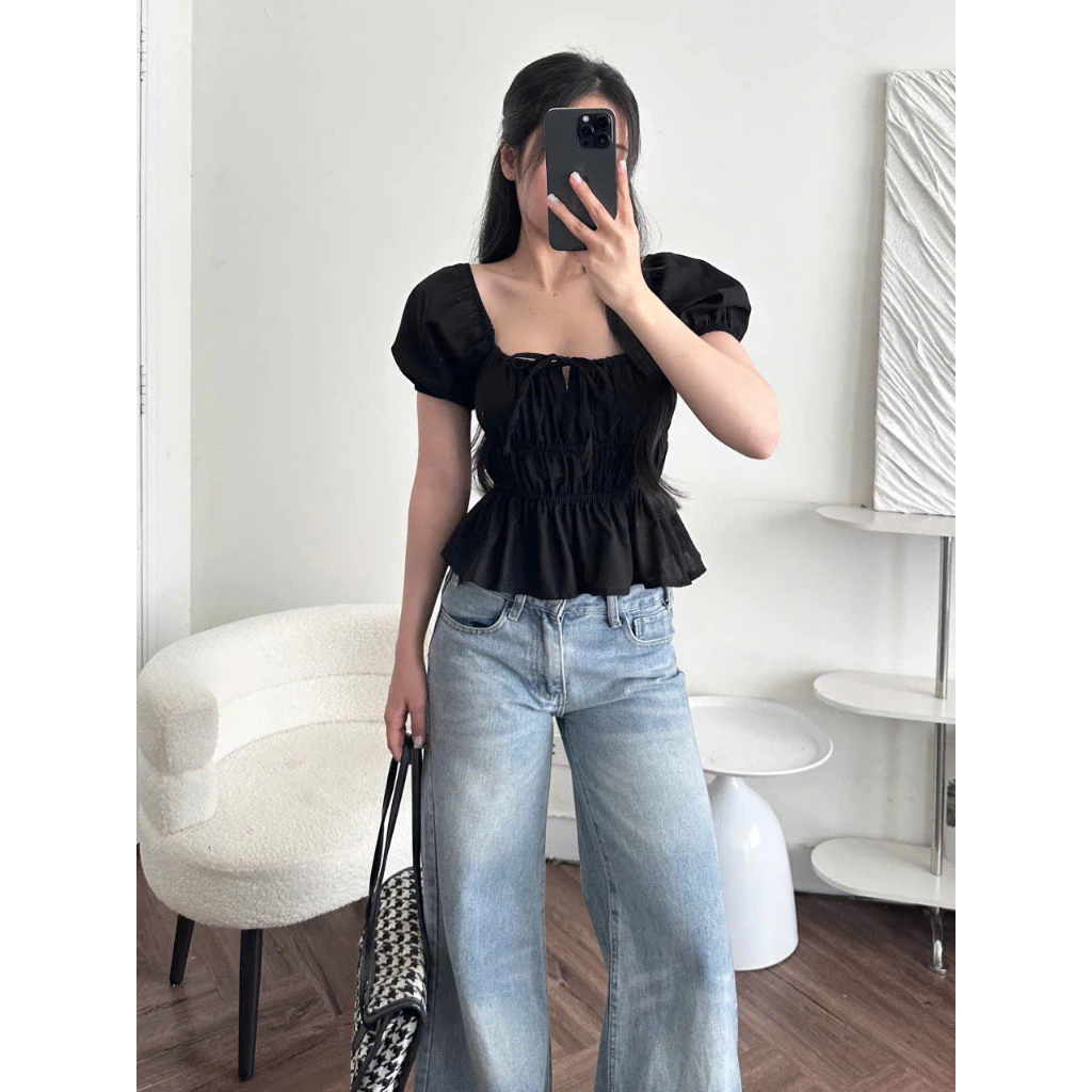 [Peinn] Áo kiểu tay bồng cột nơ chất linen, Áo babydoll tiểu thư bo chun thân xinh xắn MA329