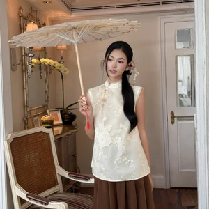 TUBYCATU Áo Kim Hoa Cổ Tàu Kiểu Truyền Thống Vải Tơ Thêu Hoa Nổi