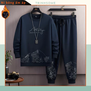 Bộ quần áo nỉ thu đông lót bông ấm áp, họa tiết núi, đủ size S-2XL thể thao năng động
