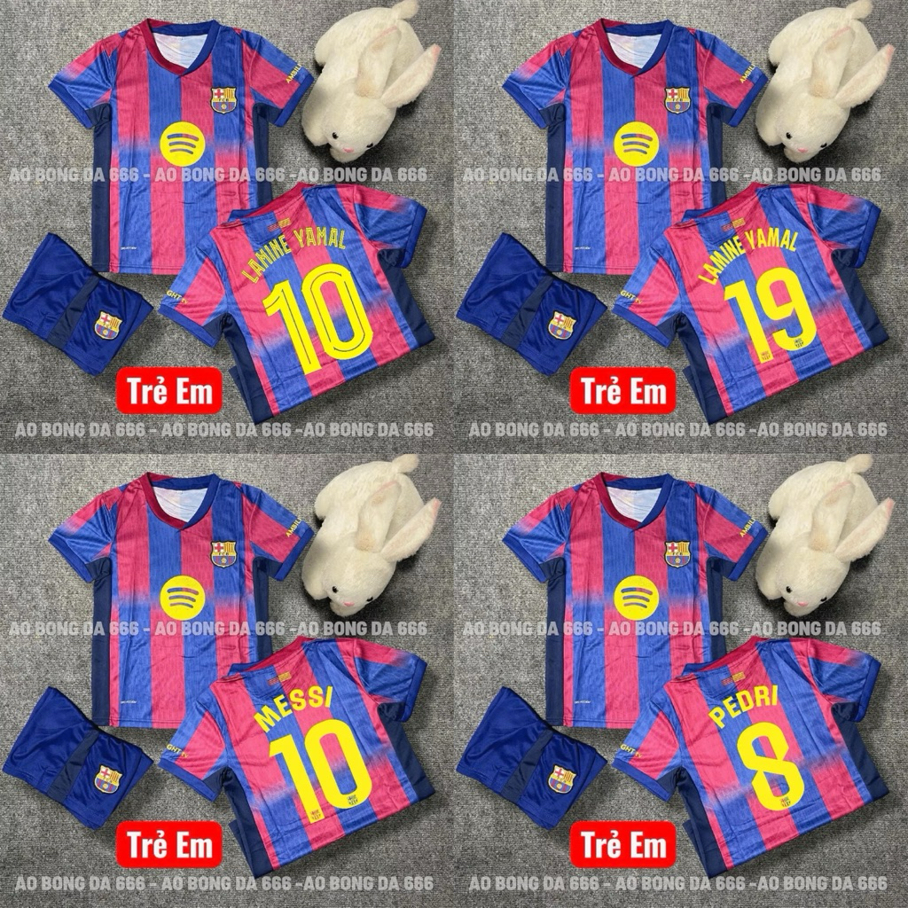 Bộ Quần Áo Bóng Đá Trẻ Em CLB Barca Sân Nhà 25/26, Áo Đá Banh Barcelona - Vải Mè Kim Cao Cấp