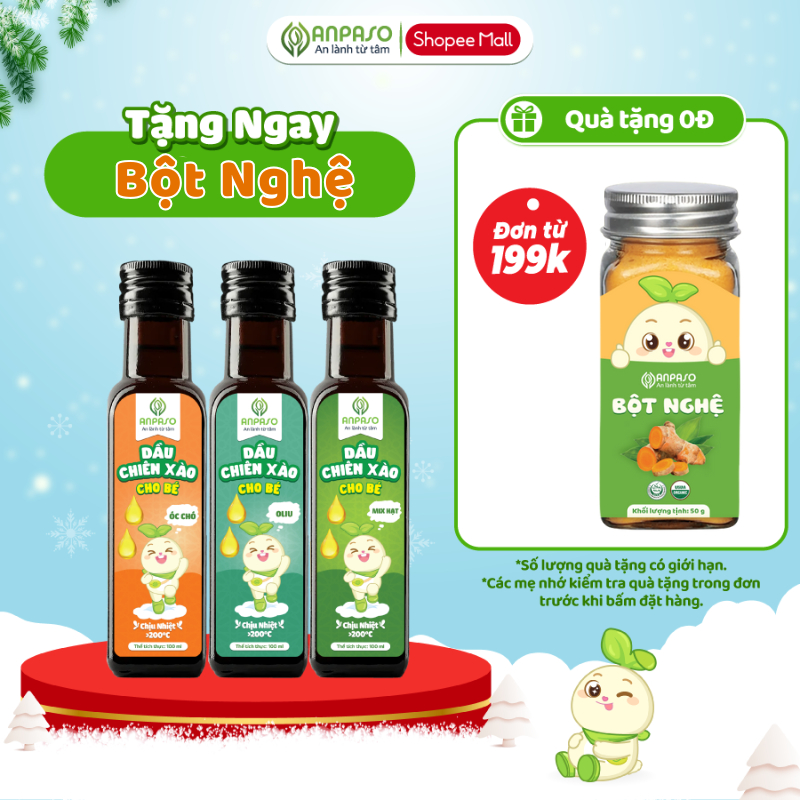 Dầu Chiên Xào Cho Bé Ăn Dặm Anpaso 100ml chịu nhiệt trên 200 độ C - Dầu oliu, óc chó, mix hạt