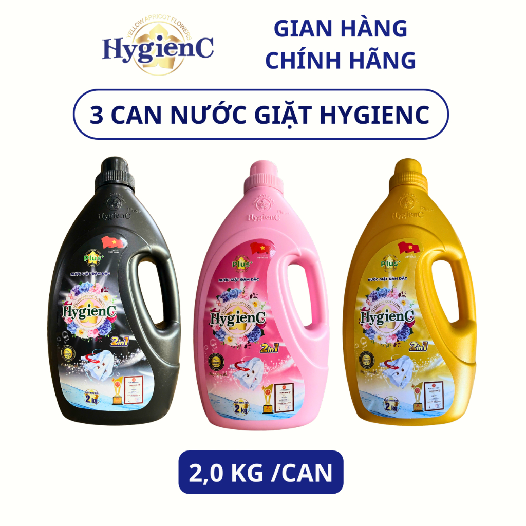 Combo 3 Can Nước Giặt HygienC Plus 2.0 Kg/Can - Đậm Đặc, Hương Nước Hoa, Sạch Vết Bẩn (6 Mùi Huong)