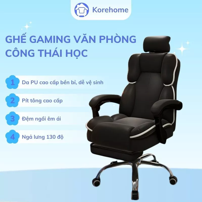 Ghế Gaming Công Thái Học Cao Cấp KO256 – Xoay 360°, Ngả 130°, Gác Chân, Tựa Đầu Nâng Hạ, Da PU Bền Đẹp — ảnh 1