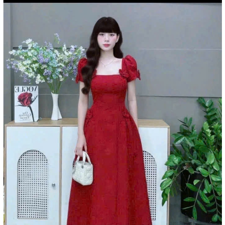 Đầm xược hàn dài đỏ sang chảnh, form chuẩn tôn dáng, mặc Tết – event – tiệc cực xinh, màu siêu nổi bật