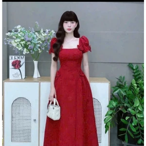 Đầm xược hàn dài đỏ sang chảnh, form chuẩn tôn dáng, mặc Tết – event – tiệc cực xinh, màu siêu nổi bật