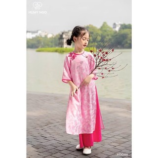 Sét áo dài mẹ và bé sắc hồng đỏ đính nơ, áo dài cách tân cho bé gái size 10-30kg