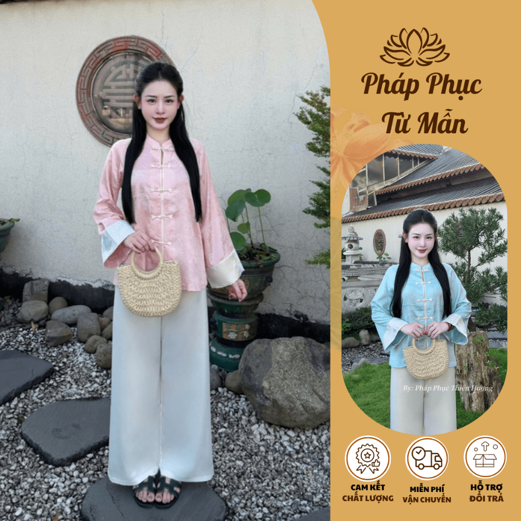 [Nguyệt Sa] Pháp phục đi chùa tiểu thư dài tay phối gấm lụa tô châu mềm mịn Bộ đồ đi lễ cổ trụ đính khuy đá cách điệu