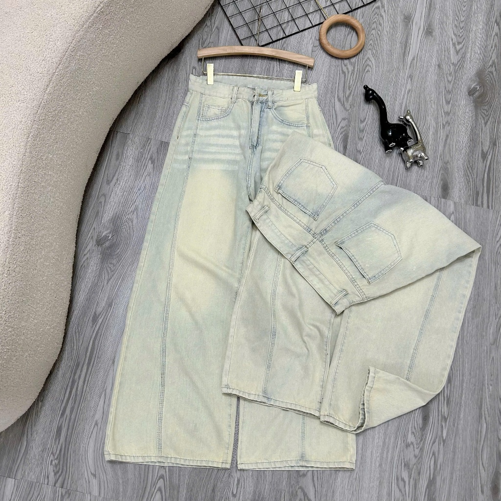 Quần Jean Nữ Bigisze Suông Rộng Lưng Cao Giấu Bụng – Jean Wash Sáng Trendy, Co Giãn Nhẹ – Che Khuyết