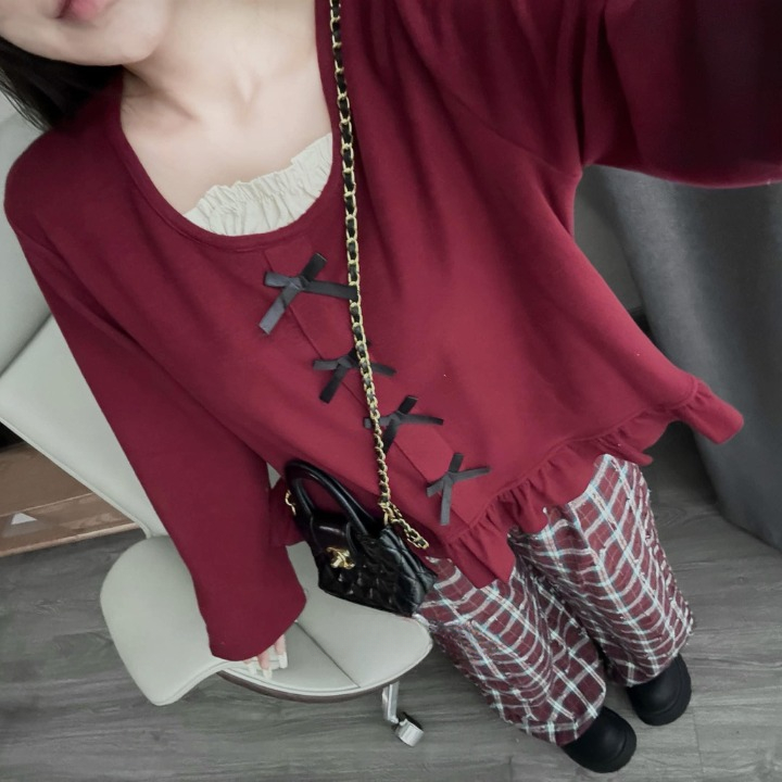 Set đồ nữ, đồ bộ nữ DONNA HCOM3543 áo kiểu nữ đính nơ viền bèo mix quần suông kẻ caro