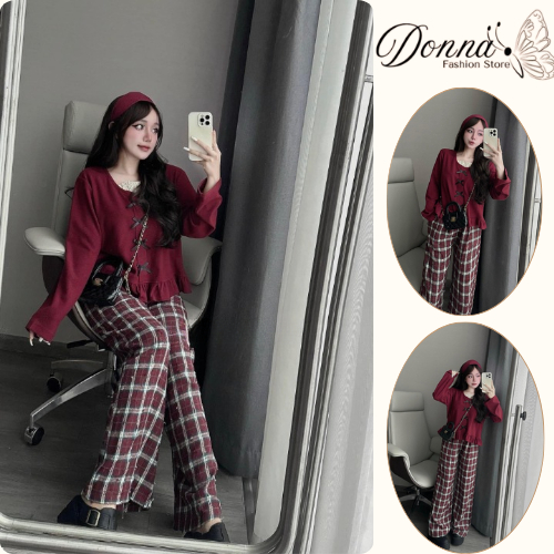 Set đồ nữ, đồ bộ nữ DONNA HCOM3543 áo kiểu nữ đính nơ viền bèo mix quần suông kẻ caro