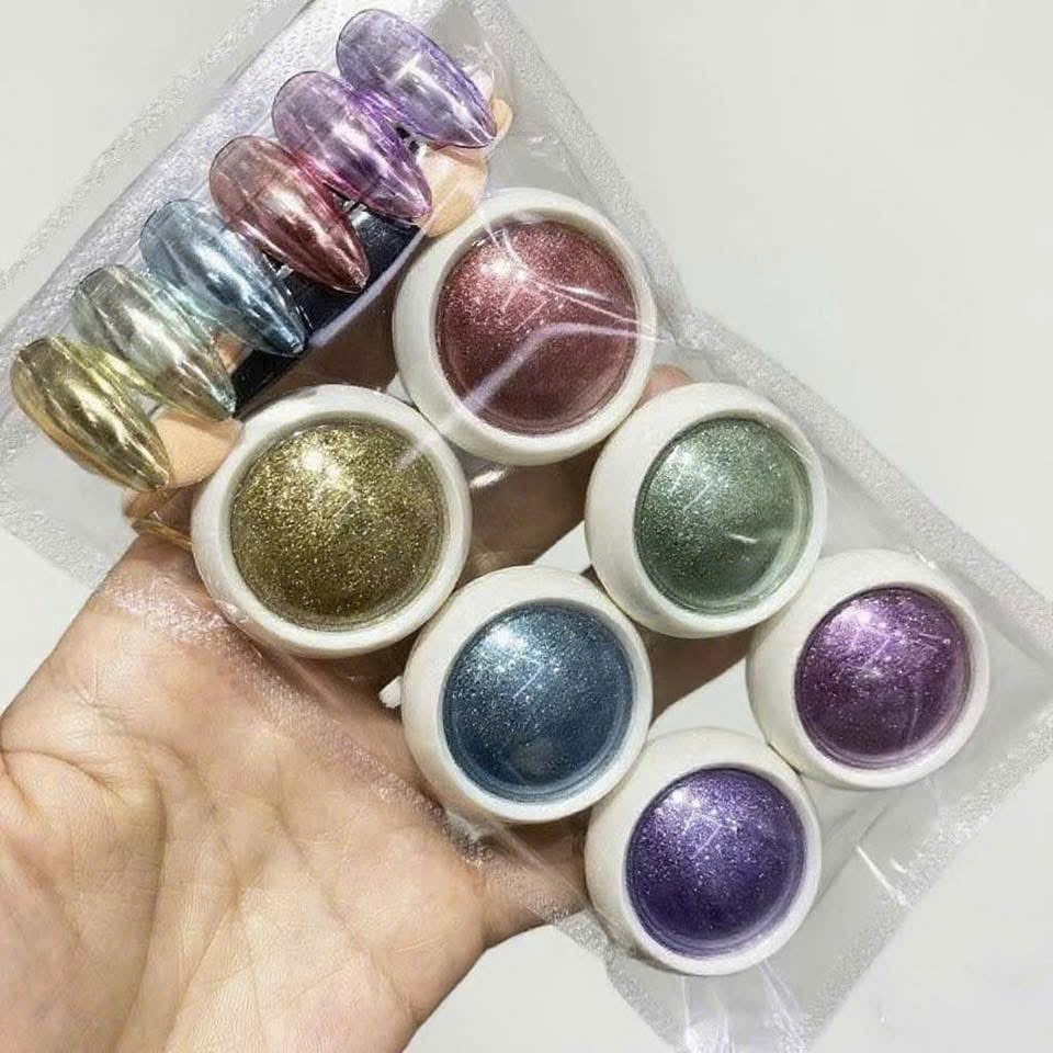 Set Bột Chà Tráng Gương Đa Tông Màu (6 Hũ) Siêu Sáng | Bột Nail Chrome Hiệu Ứng Gương Lấp Lánh