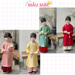Set bộ áo và quần dài gấm lụa A460  cho bé Gái Cao Cấp, Gấm Hoa Văn Chìm, Hoa Đá Khâu Tay Style Tiểu Thư Tết