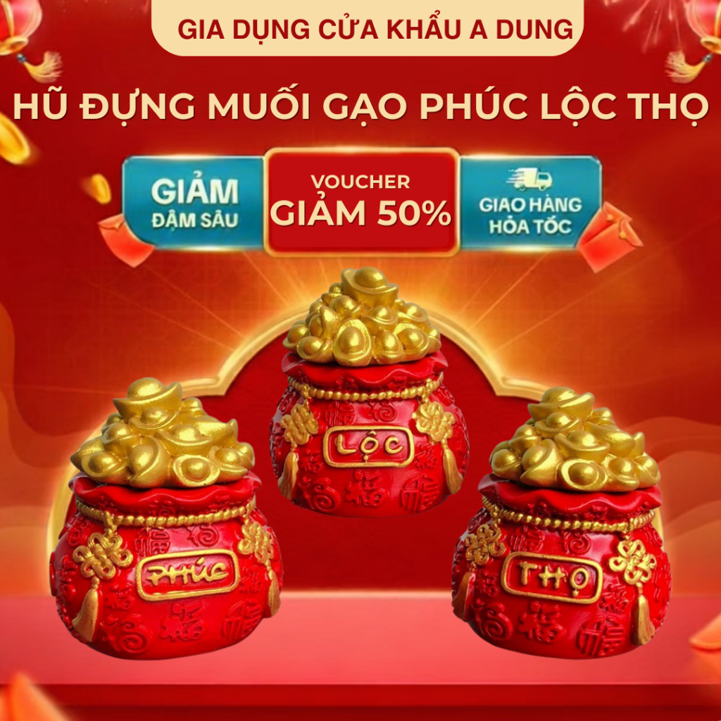 Hũ Đựng Muối Gạo Chữ Phúc Lộc Thọ Trang Trí Ban Thờ Thần Tài Thổ Địa