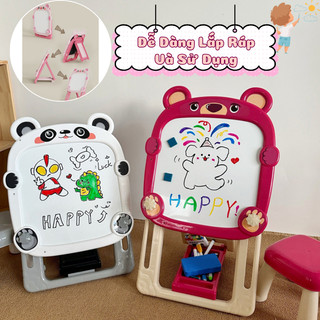 Bảng Vẽ 2 Mặt Cỡ Lớn Hình Gấu Dâu, Gấu Trúc, Dễ Dàng Điều Chỉnh Chiều Cao Phù Hợp Cho Bé, Đi Kèm Ghế Ngồi Và Bút Màu Vẽ