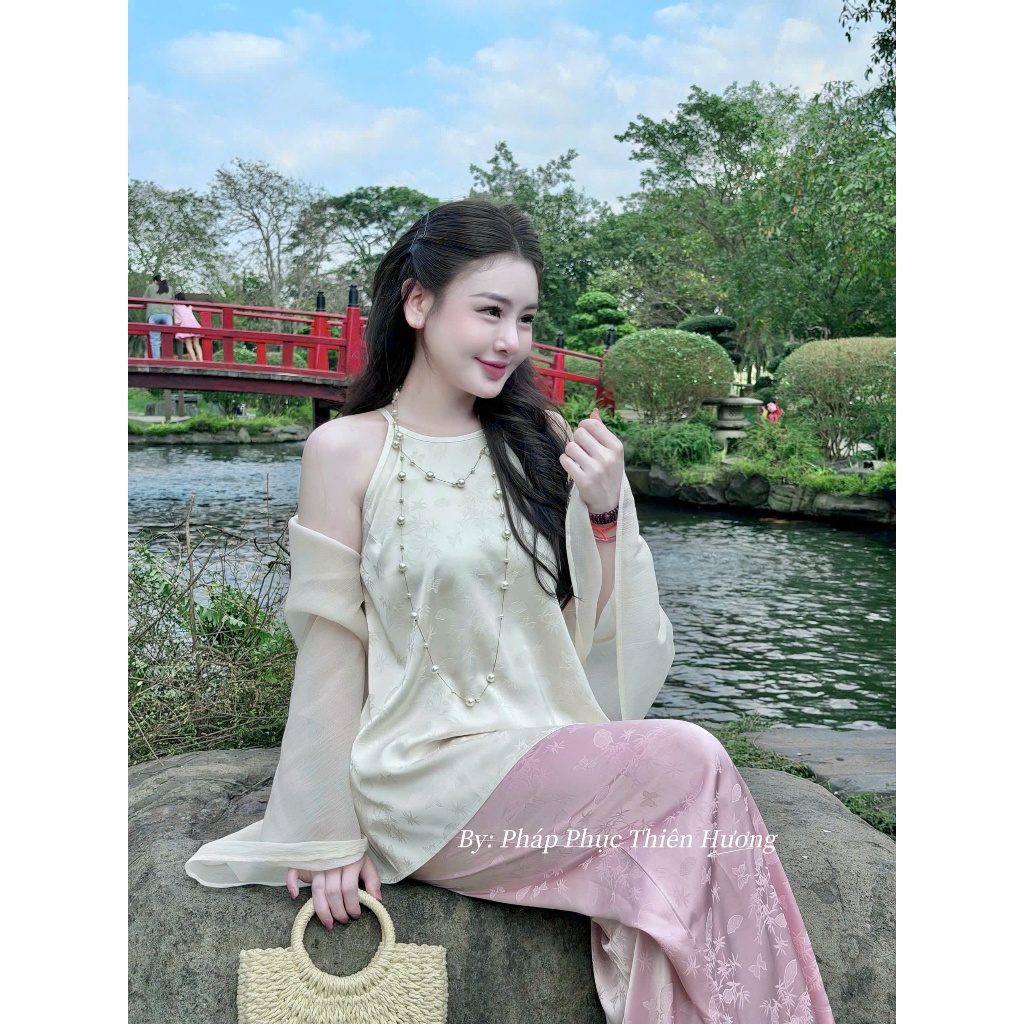 Set bộ Yếm lụa gấm kèm khăn voan 3 món tiểu thư Bộ đi chùa yếm mềm mịn mặc chụp ảnh, lễ tết