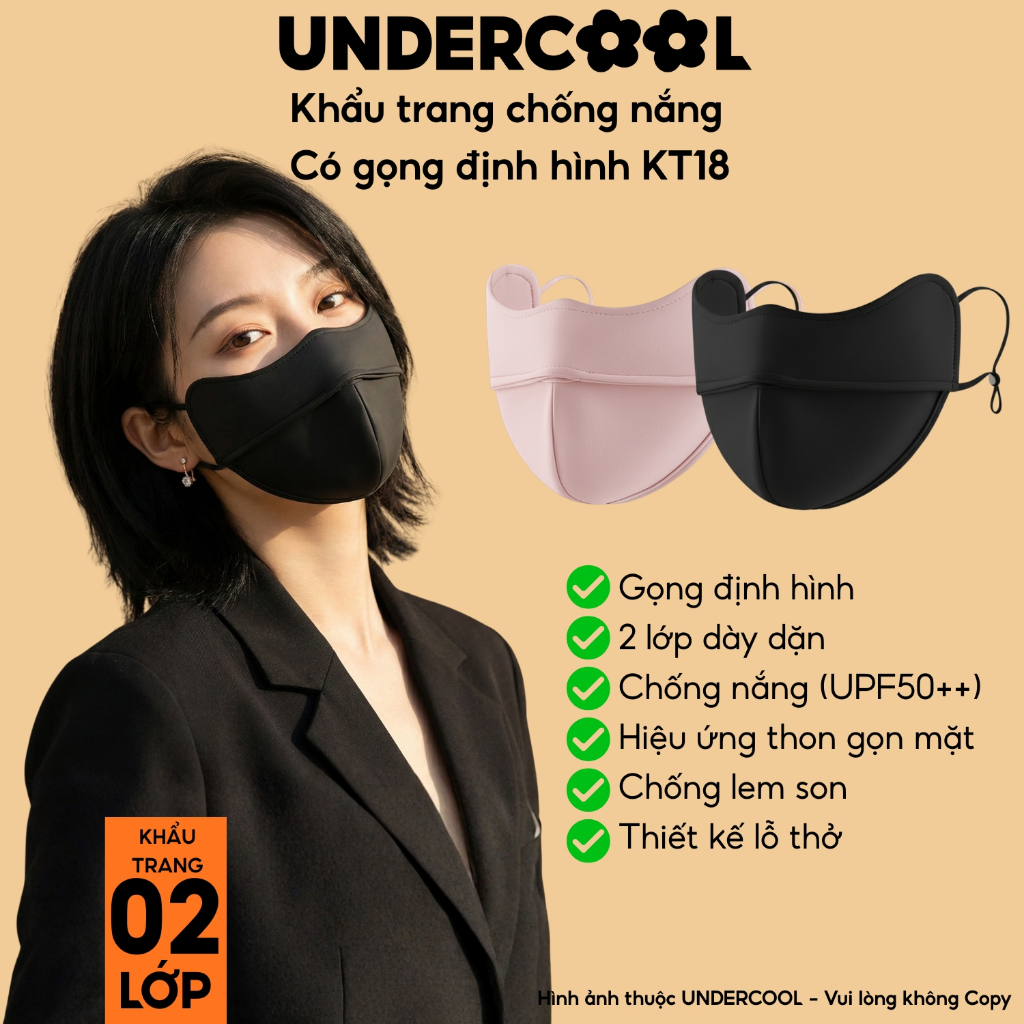 Khẩu trang chống nắng 2 lớp UNDERCOOL gọng định hình chống lem son, chống tia UV UPF50++, thoáng khí KT18