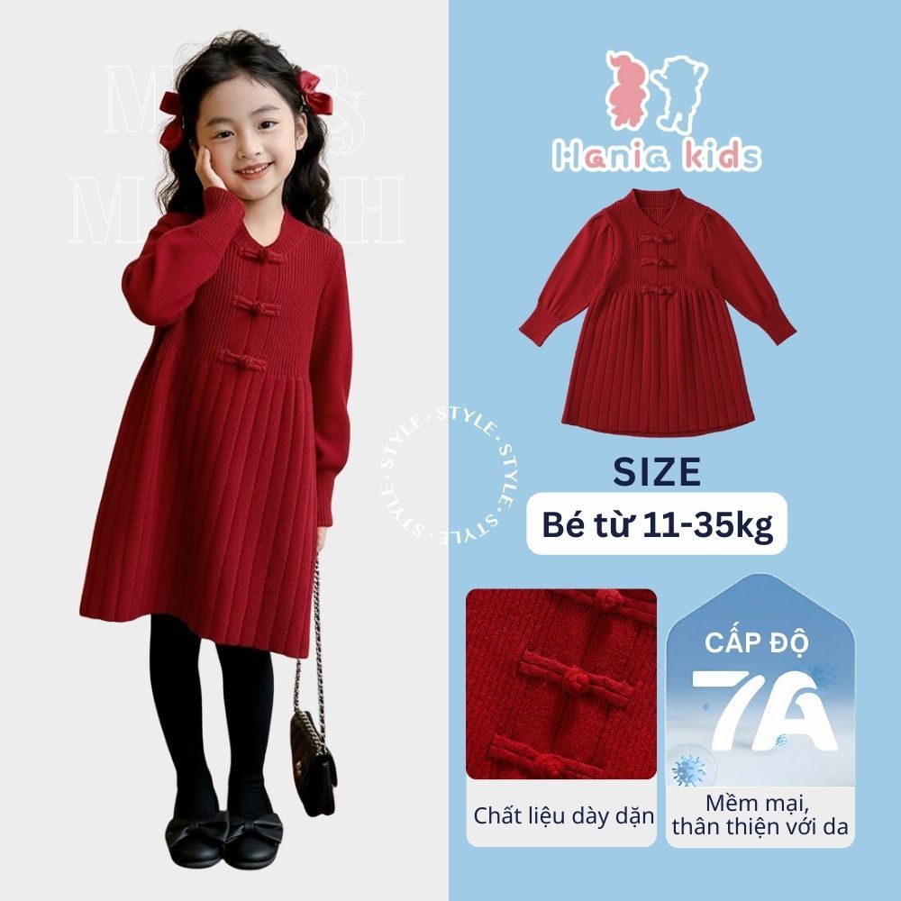Váy len dài tay bé gái Hania Kids váy len đỏ cổ tàu chất len dày dặn ấm áp mùa đông