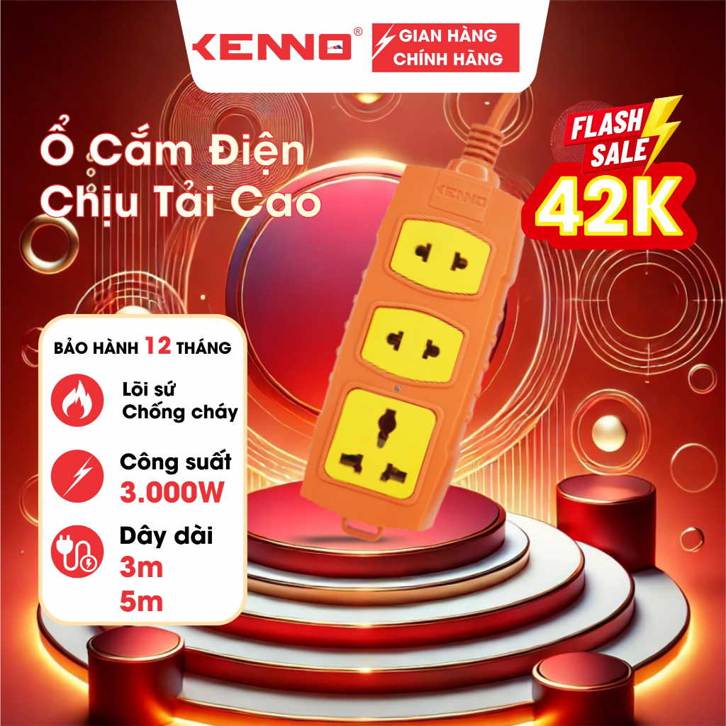 Ổ Cắm Điện KENNO 3 lỗ, 4 lỗ không dây và có dây Chịu Tải Công Suất Cao 6000w màu cam