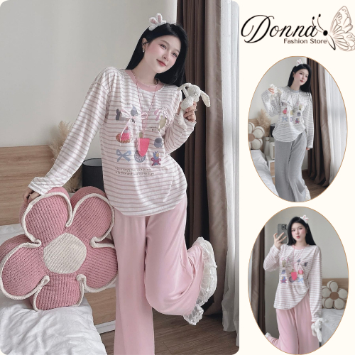 Set đồ nữ, đồ bộ nữ DONNA HCOM26659 thu đông áo thun kẻ ngang mix quần suông viền ren siêu xinh
