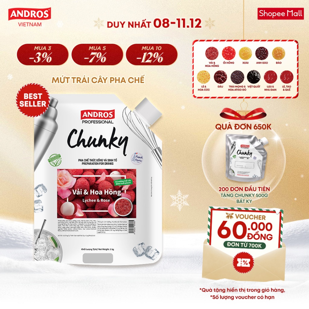 [BEST SELLER] Mứt Trái Cây Pha Chế - Có miếng trái cây thật - Nguyên liệu pha chế - ANDROS CHUNKY - 1kg