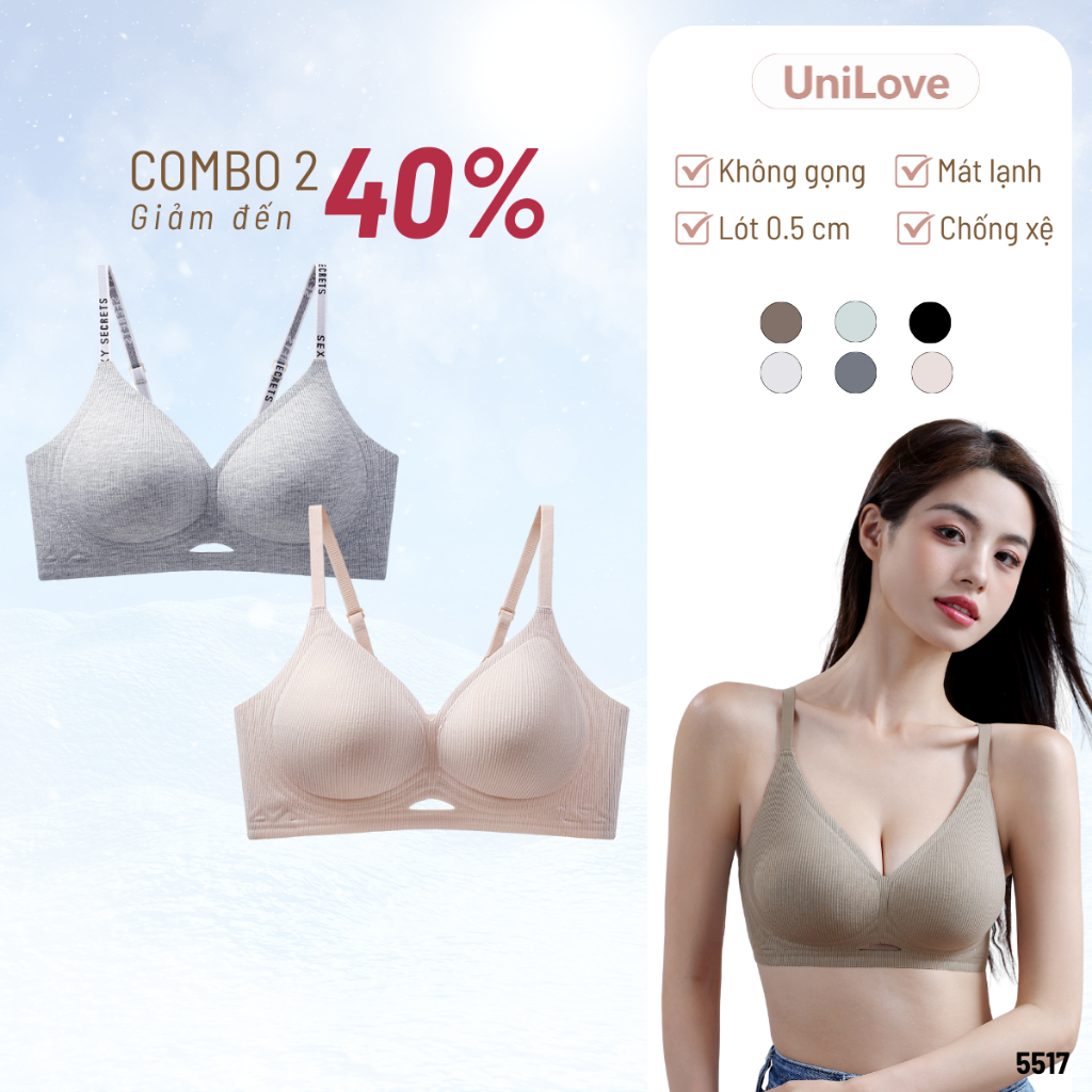 COMBO 2 Áo Lót Vải Gân Đúc Su Unilove Không Gọng Không Viền, Áo Ngực Nâng Size Kháng Khuẩn 5517