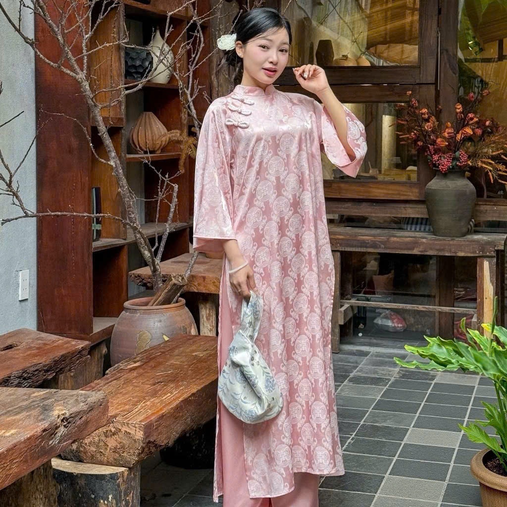 Bộ đồ cách tân Áo dài suông cao cổ tay lỡ gấm thọ cúc vải truyền thống mặc Tết lễ  cổ truyền xanh hồng trẻ trung T1445G