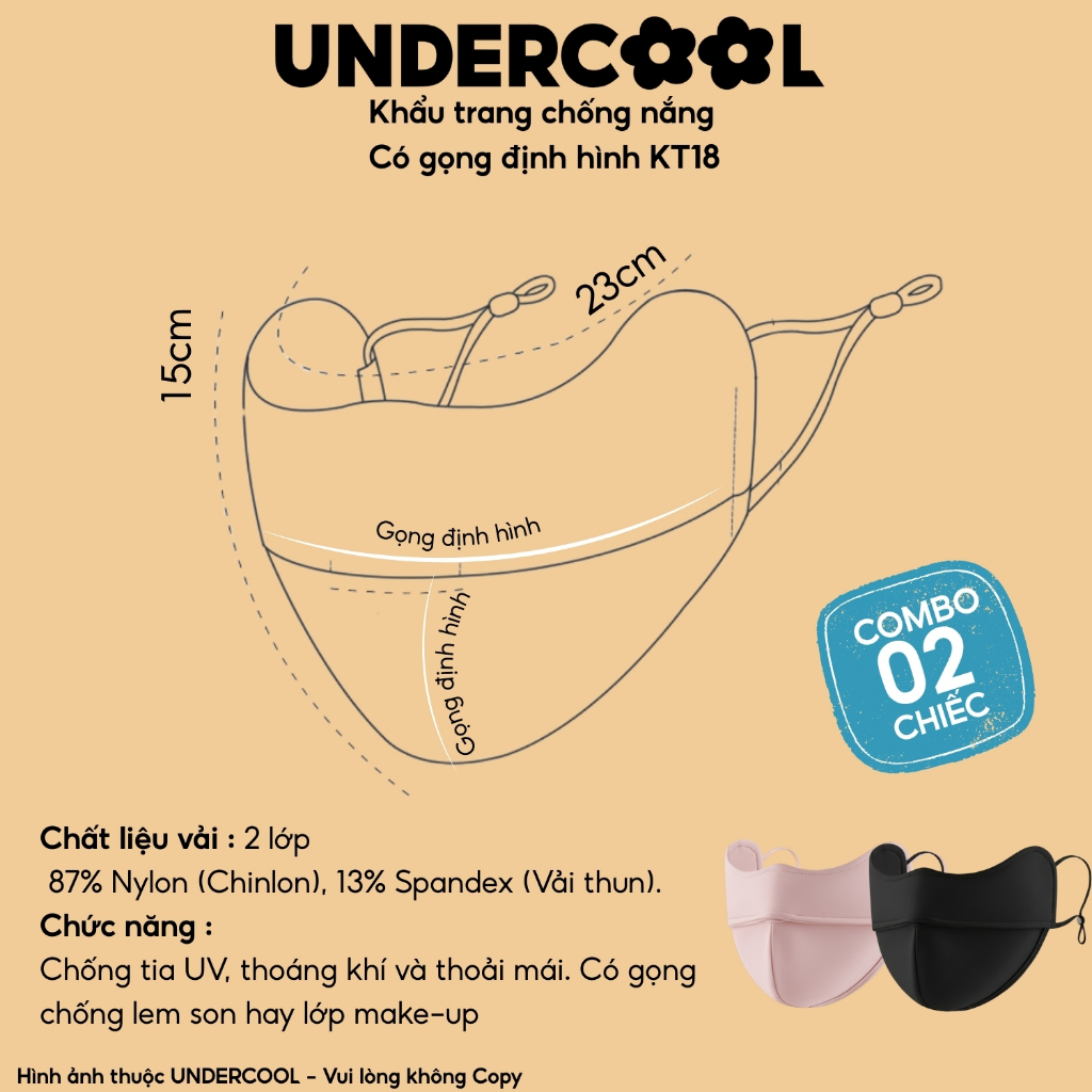 Combo 2 Khẩu trang chống nắng UVF50+ UNDERCOOL UPF50+ 2 lớp có gọng định hình chống lem son giữ ấm cb - KT18