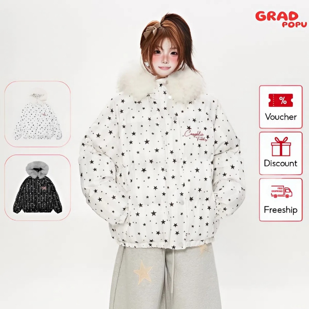 Áo khoác phao nữ GRADPOPU in ngôi sao năm cánh mũ trùm đầu dáng rộng thoải mái dày dặn ấm áp PAP105