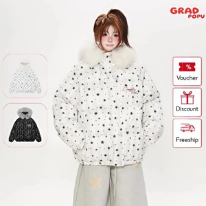 Áo khoác phao nữ GRADPOPU in ngôi sao năm cánh mũ trùm đầu dáng rộng thoải mái dày dặn ấm áp PAP105