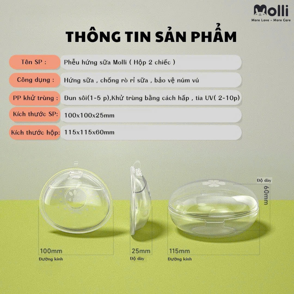 Phễu Hứng Sữa Molli Cao Cấp 2 Cái, Chống Tràn, Silicon Không BPA, Vừa Vặn, 110ml, An Toàn Cho Mẹ Sau