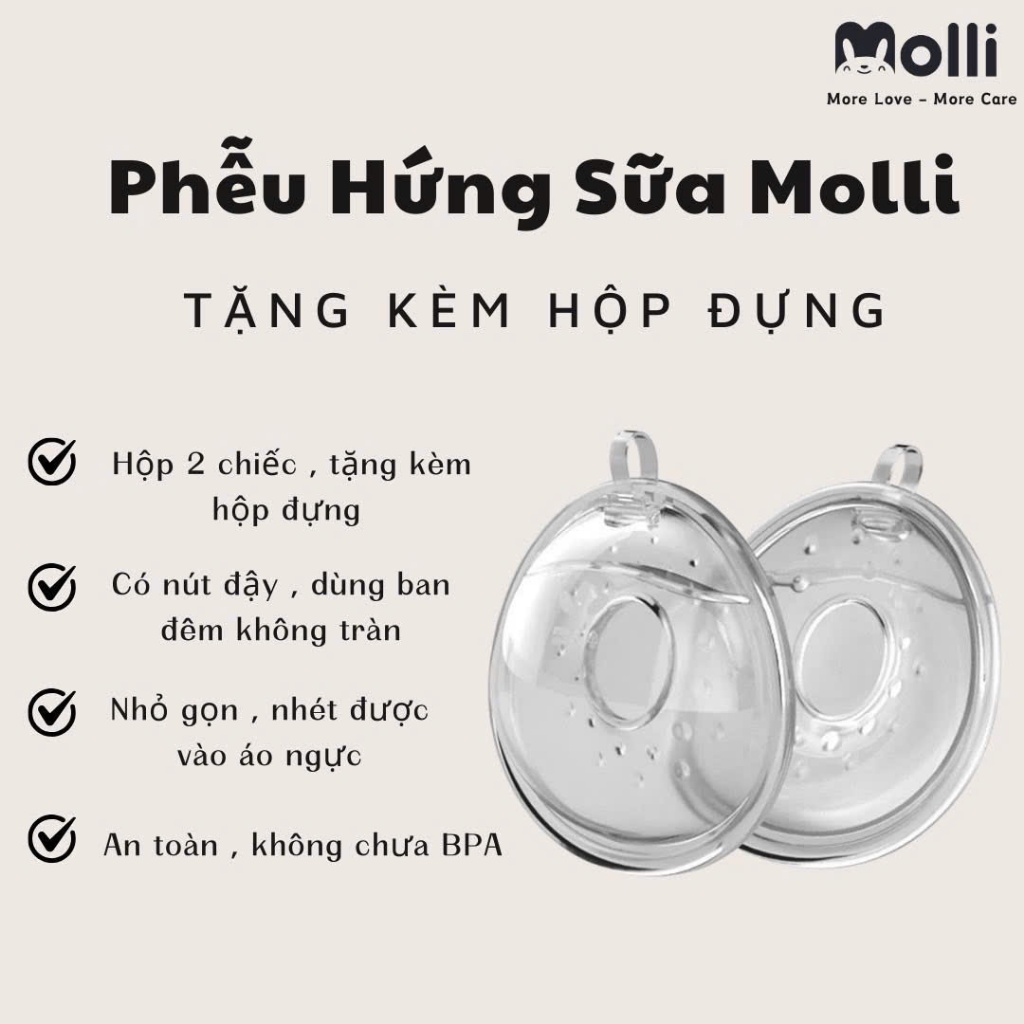 Phễu Hứng Sữa Molli Cao Cấp 2 Cái, Chống Tràn, Silicon Không BPA, Vừa Vặn, 110ml, An Toàn Cho Mẹ Sau