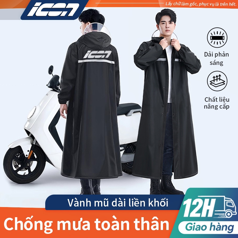 Áo mưa xe máy ICON 1 người - Che kín, chống thấm, sọc phản quang, mũ liền nhựa trong suốt