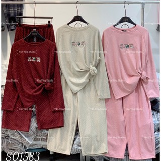 Set Bộ Đồ Nữ Len Nhung Chấm Bi NOEL Thêu Gấu Giáng Sinh Áo Cổ Tròn Form Rộng Mix Quần Dài Ống Rộng