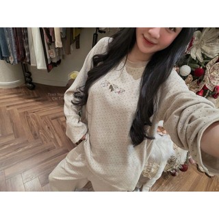 Set Bộ Đồ Nữ Len Nhung Chấm Bi NOEL Thêu Gấu Giáng Sinh Áo Cổ Tròn Form Rộng Mix Quần Dài Ống Rộng