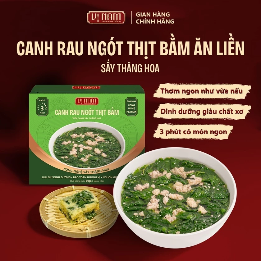 Viên canh sấy thăng hoa: Canh rau ngót thịt bằm - ăn liền - Vị Nam hộp 6 viên - canh lười