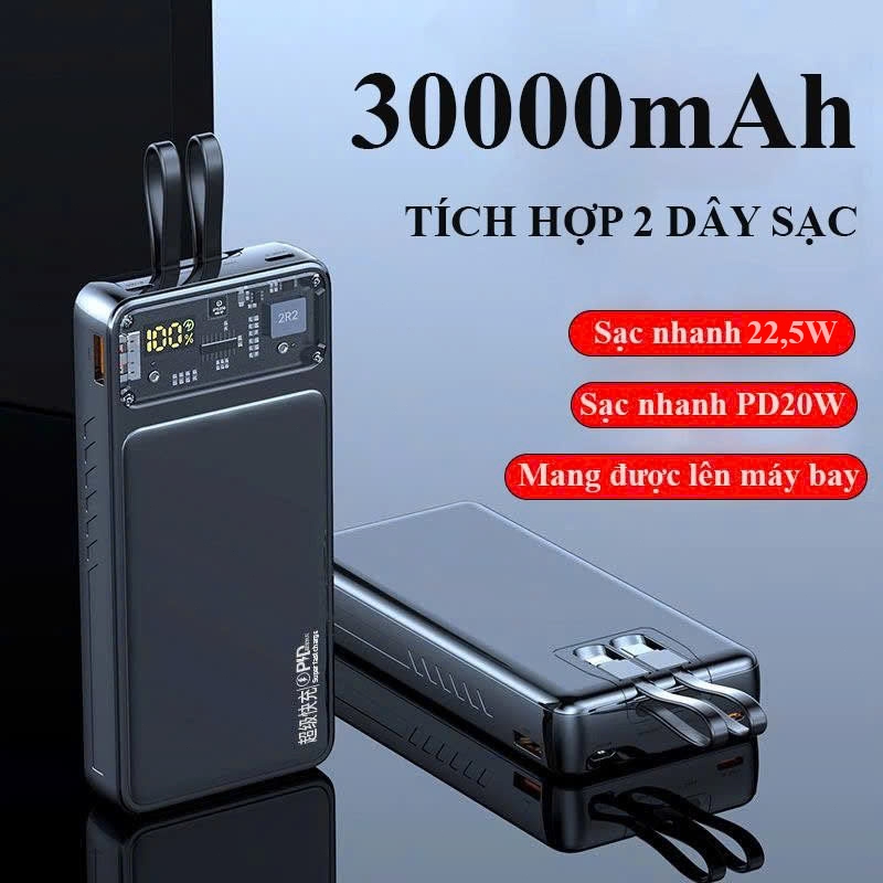 Sạc dự phòng 30000mah sạc nhanh màn hình led pin trâu có sẵn 2 dây sạc Type C LN
