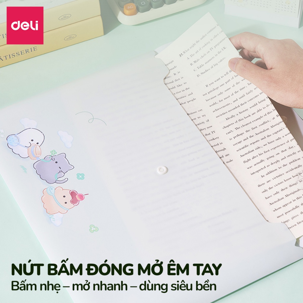 Túi file đựng tài liệu A4 Deli Obakenu xinh xắn, clear bag bìa đựng tài liệu văn phòng phẩm lưu trữ hồ sơ giấy tờ