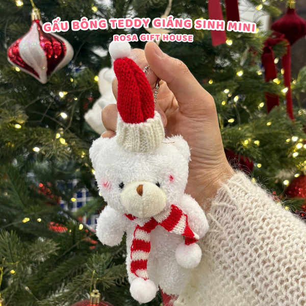 Gấu bông Teddy Mini Giáng Sinh đội mũ len, đeo khăn quàng cổ. Quà tặng noel ý nghĩa Rosa Gift House
